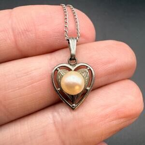 Vintage MA Sterling Silver Pearl Open Heart Pendant Necklace Curb Chain 15"